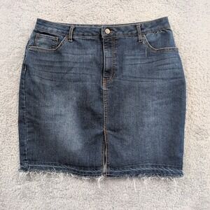 Faded Glory Classic Women's Denim Skirt Size 14 Frayed Hem Cotton Blend Stretch